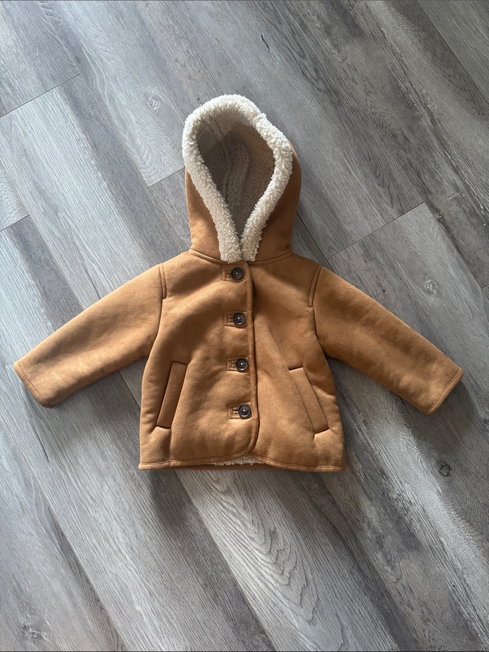 Zara Tan Hooded Sherpa-Lined Suede Coat